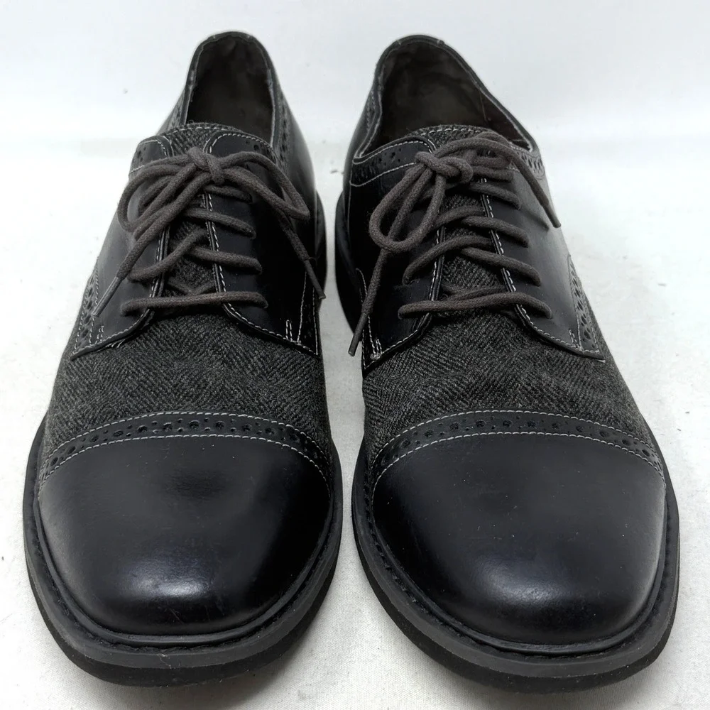 Bass Mens Howie Shoes 11 Black Leather Herringbone Wingtip‎ Oxford Preppy READ
